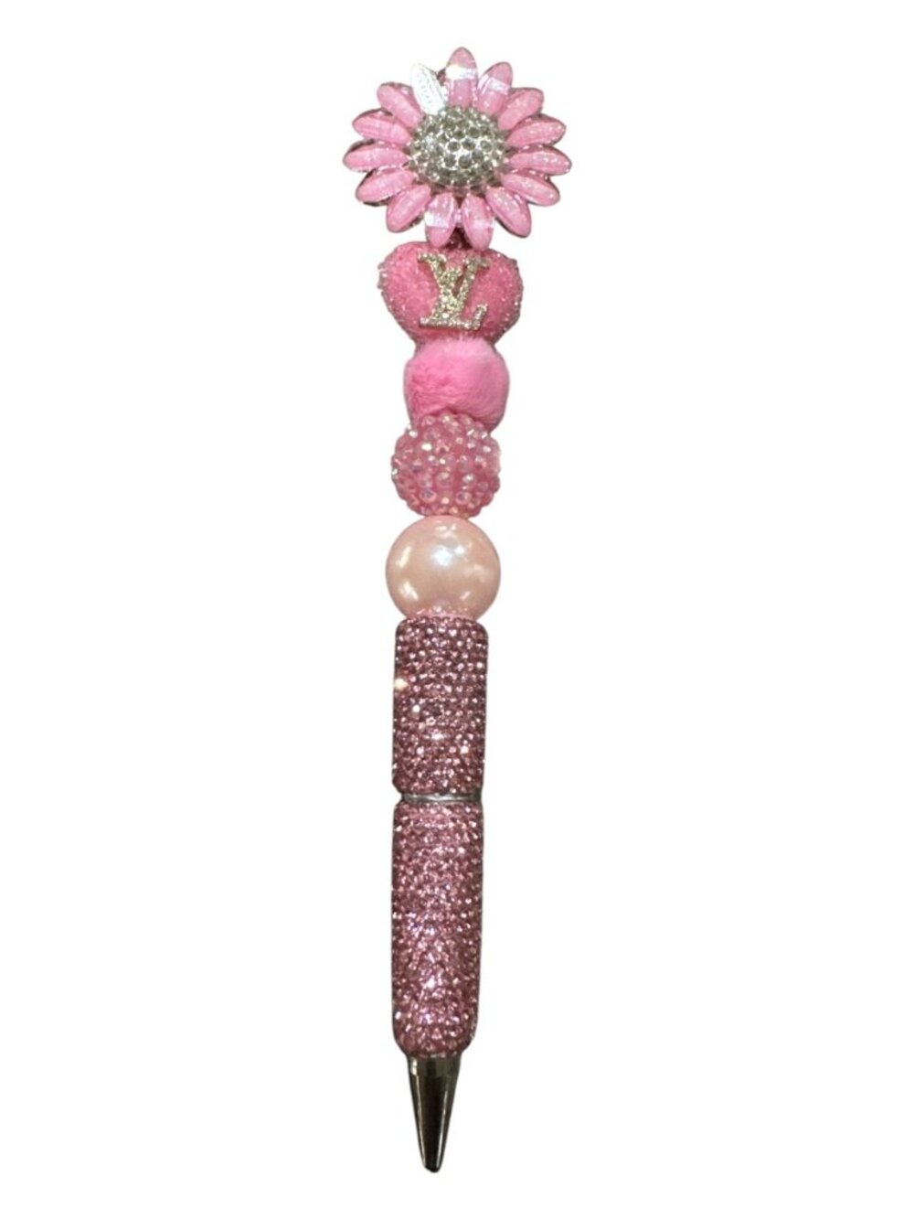Luxury Pink Rhinestone Pen With Floral Top & Beaded Details Ideal For Writing &
